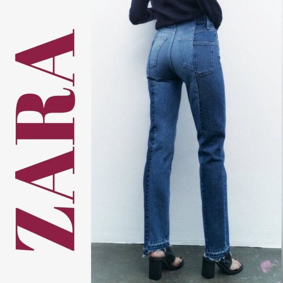 NWT ZARA CONTRAST 2-TONE CROPPED STRAIGHT LEG MID RISE, SIZE 12 - Picture 5 of 16